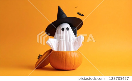 Horror cartoon illustration of a spooky black cat and an evil witch's hat on an autumn Halloween pumpkin lantern face 128785457
