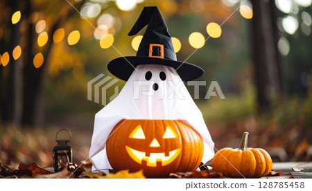 Horror cartoon illustration of a spooky black cat and an evil witch's hat on an autumn Halloween pumpkin lantern face 128785458