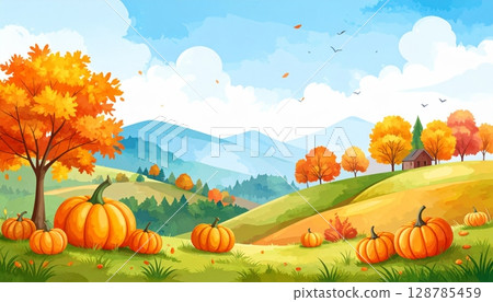 Vector autumn landscape with mountains, grass, and trees featuring pumpkins and fall leaves, perfect for Thanksgiving or Halloween harvest illustrations 128785459