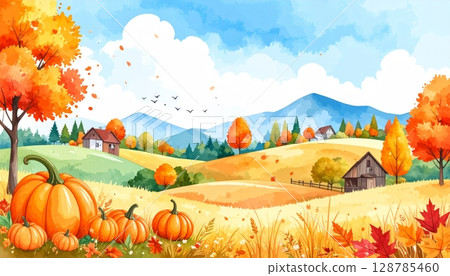 Vector autumn landscape with mountains, grass, and trees featuring pumpkins and fall leaves, perfect for Thanksgiving or Halloween harvest illustrations 128785460