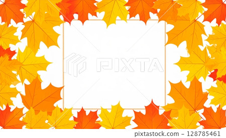 Vibrant autumn maple leaves in shades of red, orange, and yellow form a decorative fall border pattern, perfect for a nature-inspired seasonal background design 128785461