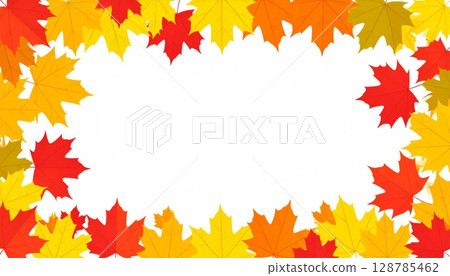 Vibrant autumn maple leaves in shades of red, orange, and yellow form a decorative fall border pattern, perfect for a nature-inspired seasonal background design 128785462