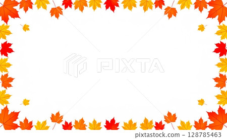 Vibrant autumn maple leaves in shades of red, orange, and yellow form a decorative fall border pattern, perfect for a nature-inspired seasonal background design 128785463
