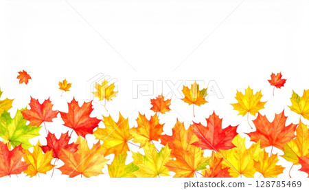 Vibrant autumn maple leaves in shades of red, orange, and yellow form a decorative fall border pattern, perfect for a nature-inspired seasonal background design Vibrant autumn maple leaves in shades of red, orange, and yellow form a decorative fall border pattern, perfect for a nature-inspired seasonal background design 128785469