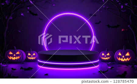 Shiny blue and purple glass crystal ball on a dark background, a futuristic design for digital technology illustration 128785470