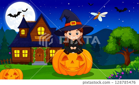 Spooky Halloween night with a scary pumpkin, bats, and a witch's house silhouette under an autumn moon, perfect for a dark October celebration vector illustration design Spooky Halloween night with a scary pumpkin, bats, and a witch's house silhouette under an autumn moon, perfect for a dark October celebration vector illustration design 128785476