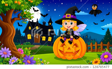 Spooky Halloween night with a scary pumpkin, bats, and a witch's house silhouette under an autumn moon, perfect for a dark October celebration vector illustration design 128785477