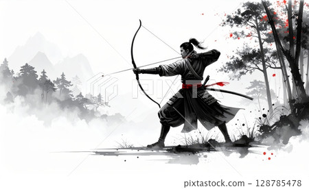 Vector cartoon illustration of people in winter sport ski design with silhouettes of a man and woman, one man with a sword 128785478