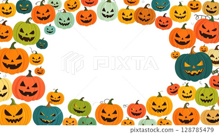 A vector illustration set of spooky Halloween pumpkins and autumn holiday decorations forms a festive orange frame 128785479