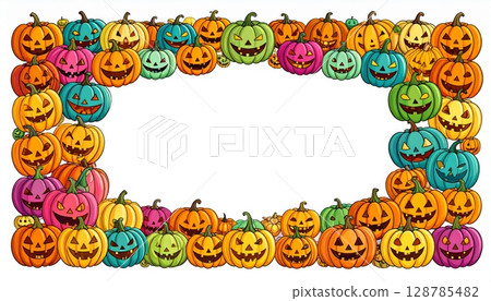 A vector illustration set of spooky Halloween pumpkins and autumn holiday decorations forms a festive orange frame 128785482