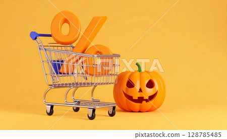Red metal shopping cart ready for purchase in a retail store, isolated 128785485
