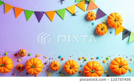 Orange and black vector illustration of a scary Halloween pumpkin patch background with jack-o-lanterns, perfect for spooky October holiday celebrations 128785486