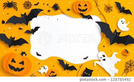 Spooky Halloween night background with cartoon pumpkins, bats, and ghosts, perfect for an October party celebration illustration 128785492