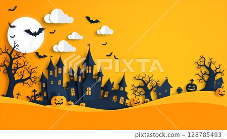 Spooky Halloween night background with cartoon pumpkins, bats, and ghosts, perfect for an October party celebration illustration 128785493