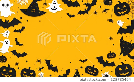 Spooky Halloween night background with cartoon pumpkins, bats, and ghosts, perfect for an October party celebration illustration Spooky Halloween night background with cartoon pumpkins, bats, and ghosts, perfect for an October party celebration illustration 128785494