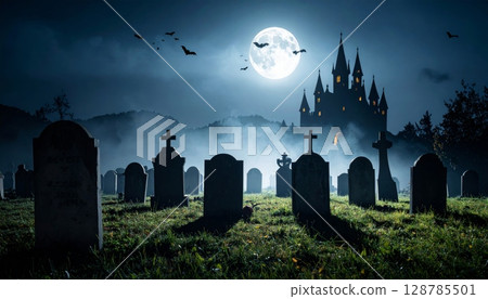 Spooky Halloween night background with a silhouette of a Gothic castle and church against a dark, clouded sky at sunset, capturing the mysterious European cityscape 128785501