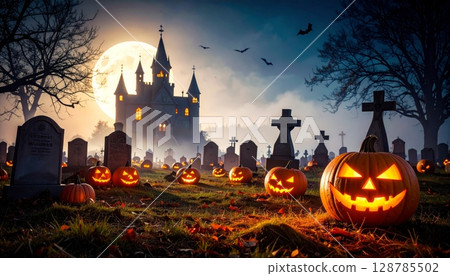 Spooky Halloween night background with a silhouette of a Gothic castle and church against a dark, clouded sky at sunset, capturing the mysterious European cityscape Spooky Halloween night background with a silhouette of a Gothic castle and church against a dark, clouded sky at sunset, capturing the mysterious European cityscape 128785502