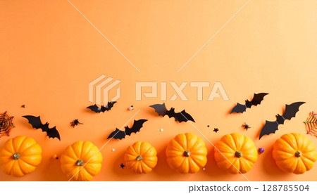 Autumn Halloween background with orange pumpkins, leaves, and fall harvest decorations 128785504