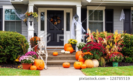 Happy family enjoying autumn pumpkins at their decorated home 128785519