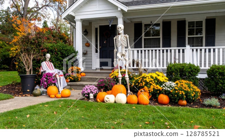 Happy family enjoying autumn pumpkins at their decorated home Happy family enjoying autumn pumpkins at their decorated home 128785521