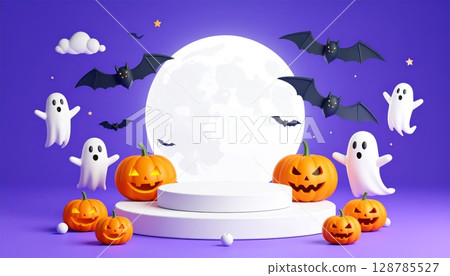 Orange Halloween pumpkin with scary bats illustration for autumn holiday celebration Orange Halloween pumpkin with scary bats illustration for autumn holiday celebration 128785527