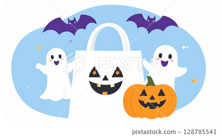 Cute cartoon Halloween witch girl with a pumpkin, bats, and moon in a spooky autumn night party vector illustration 128785541