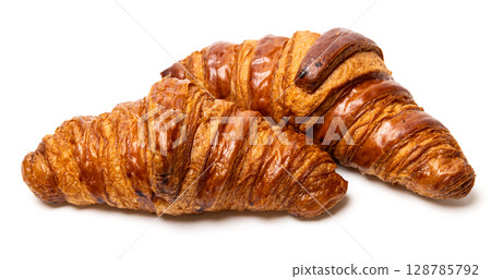 two freshly baked classic delicious fresh organic croissants isolated on white background 128785792