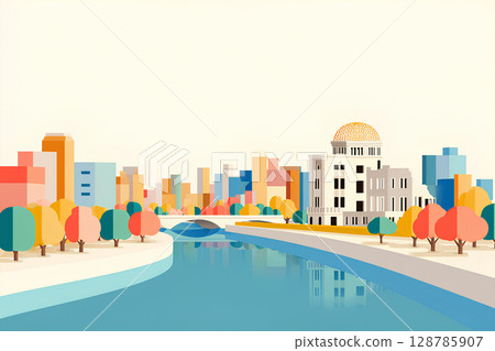 廣島原子彈爆炸圓頂和城市景觀插圖 128785907
