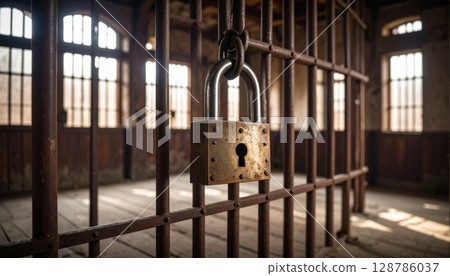 Old rusty padlocks secure the weathered gate, chain, and door, symbolizing robust, enduring protection for the home 128786037