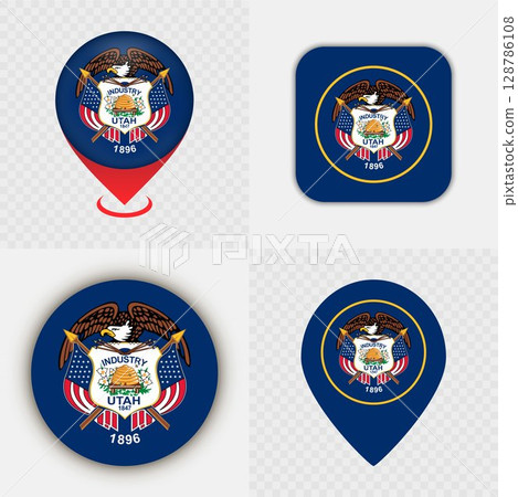 Set of Utah State Flag Icons and Map Pins. Set of Utah State Flag Icons and Map Pins. 128786108