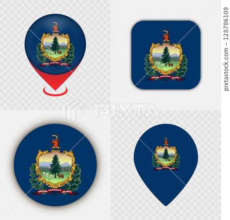 Set of Vermont State Flag Icons and Map Pins. Set of Vermont State Flag Icons and Map Pins. 128786109