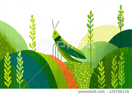 Artistic illustration of grasshoppers and plants 128786238