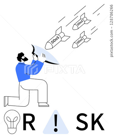 Man kneeling, holding shield up to defend against incoming DDoS missiles above. Ideal for cybersecurity, risk management, data protection, IT security, threat defense, internet safety, digital risk 128786266