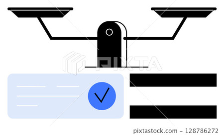 Balancing scale above a blue checkmark with text lines and black horizontal bars. Ideal for justice, equality, balance, decision making, legal, evaluation, and ethics. Line metaphor 128786272