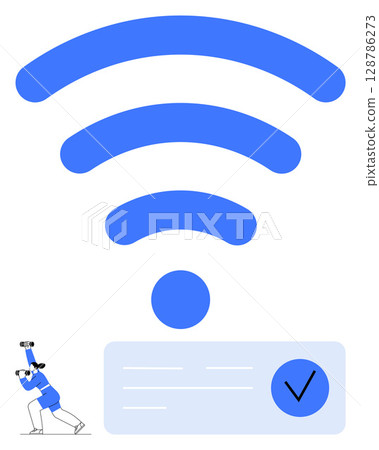 Man in blue, cheering with arms raised in excitement next to giant wireless symbol and check mark. Ideal for connectivity, success, achievement, technology, internet, celebration communication. Line 128786273