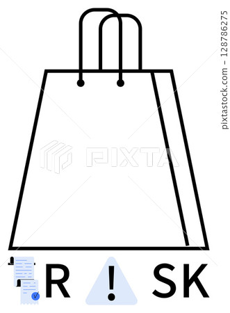 Shopping bag with letters R SK and exclamation mark inside triangle. Documents with checkmarks on left and right. Ideal for business, finance, safety, online shopping, compliance, insurance Shopping bag with letters R SK and exclamation mark inside triangle. Documents with checkmarks on left and right. Ideal for business, finance, safety, online shopping, compliance, insurance 128786275