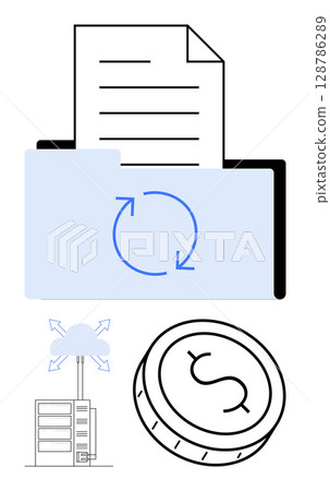 Folder with sync arrows, document, cloud server with arrows, and coin. Ideal for data management, cloud storage, file synchronization, financial planning, technology cloud-based solutions IT Folder with sync arrows, document, cloud server with arrows, and coin. Ideal for data management, cloud storage, file synchronization, financial planning, technology cloud-based solutions IT 128786289
