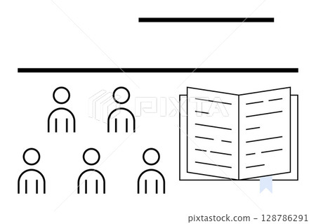 Classroom setup with five students large open book, and a chalkboard. Ideal for educational, learning, teaching, classroom instruction, lecture, academic environment, study sessions. Line metaphor 128786291