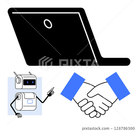 Laptop, robot, and handshake symbolizing technology advancement, automation, collaboration, future of work, artificial intelligence, partnership, and digital transformation. Ideal for themes thumbs 128786300