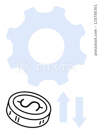 Gear, coin with dollar sign, and up-down arrows signifying financial transactions and management. Ideal for financial services, investments, budgeting, economy, money management, business planning 128786301