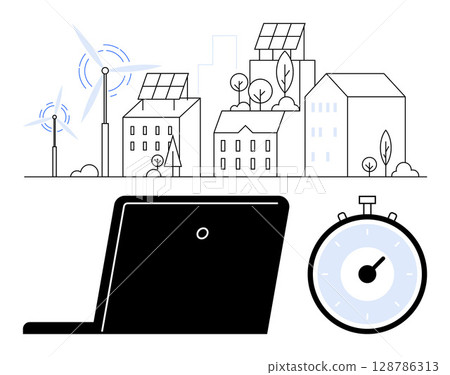 Buildings with solar panels wind turbines trees. Black laptop stopwatch. Ideal for sustainability eco-friendly, cityscape, renewable energy, urban planning, technology, time management. Line 128786313