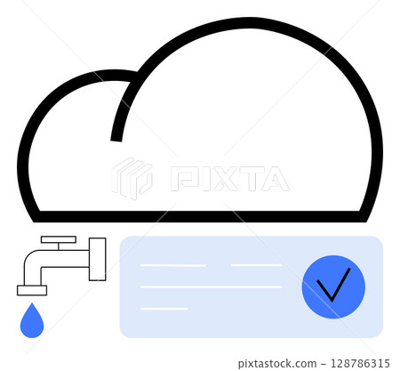 Large cloud outline with a tap releasing a single blue water droplet into a rectangular data file with a checkmark. Ideal for cloud computing, data storage, data management, digital security Large cloud outline with a tap releasing a single blue water droplet into a rectangular data file with a checkmark. Ideal for cloud computing, data storage, data management, digital security 128786315