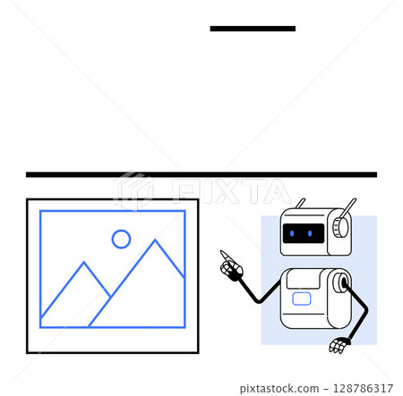 Robot pointing at framed art depicting mountains and a sun. Ideal for technology, education, art, communication, presentations, innovation, creativity. Line metaphor Robot pointing at framed art depicting mountains and a sun. Ideal for technology, education, art, communication, presentations, innovation, creativity. Line metaphor 128786317