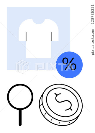 White t-shirt with blue discount percentage symbol, magnifying glass, and dollar coin. Ideal for e-commerce, retail marketing, discounts, apparel promotions, price comparison, online shopping sales 128786331