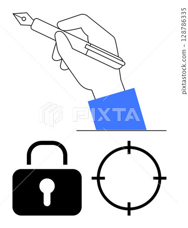 Hand holding a pen symbolizing writing, drawing, or creativity, a security lock illustrating protection, and a target icon denoting precision. Ideal for security, creativity, focus, protection Hand holding a pen symbolizing writing, drawing, or creativity, a security lock illustrating protection, and a target icon denoting precision. Ideal for security, creativity, focus, protection 128786335
