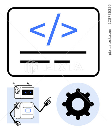 Coding tag robot pointing text lines, gear icon. Ideal for computer science, software development, programming, AI, robotics, technology education, automation. Line metaphor 128786336