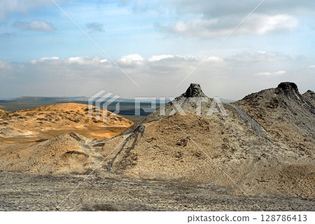 Mud volcano at Gobustan national park erupt. Azerbaijan 128786413