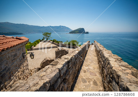 Citadel fortress and panoramic terrace in Budva, Montenegro. View of historic architecture and coastal heritage site. 128786608