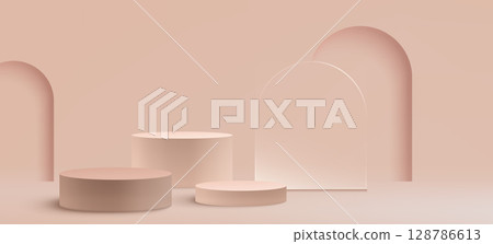 Beige podium composition with arch backdrop 128786613