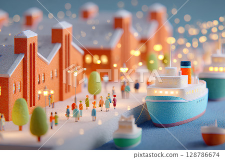 Illustration of a port with a large passenger ship and brick warehouses (3D) 128786674